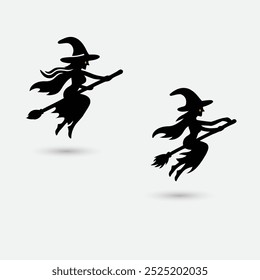 Happy Halloween witch design with a broomstick. Flying silhouette art. Flying witch design template. Black color flying witch design art on white color background. 