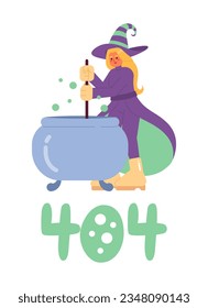 Feliz mensaje de flash de error de bruja de halloween 404. Caldera de bruja malvada. Preparando poción. Diseño de estado vacío. Página no encontrada imagen emergente de caricatura. Concepto de ilustración plana vectorial sobre fondo blanco