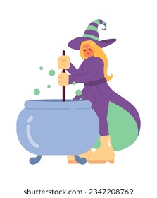 Happy halloween witch flat concept vector spot illustration. Wicked witch cauldron 2D cartoon character on white for web UI design. Magic woman brewing potion isolated editable creative hero image