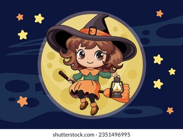 Happy Halloween witch flat vector illustration. A cute witch flies on a broom against the background of the moon and the dark sky, a character for a children's illustration.