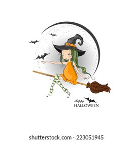 Happy Halloween! Halloween witch fly on the broom.