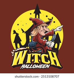 Bruja feliz de Halloween con la escoba voladora en el castillo para la insignia, etiqueta engomada, Anuncio, parche, tarjeta de felicitación, camiseta y Vector de invitación ilustración de dibujos animados retro