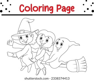 Happy Halloween witch flying Coloring page for children