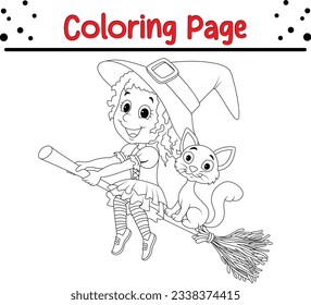 Happy Halloween witch flying Coloring page for children