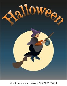 A happy Halloween witch flying on her broom in the moonlight. Vector illustration.