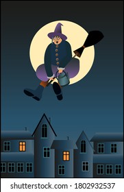 A happy Halloween witch flying on her broom in the moonlight over a city silhouette. Vector Illustration