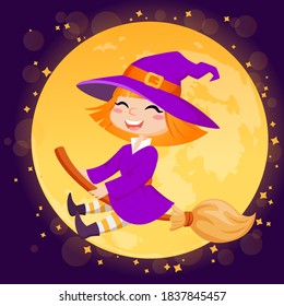 Happy Halloween. Halloween witch flying on broom on moon background