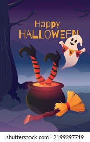 Feliz Halloween. La bruja estaba asustada por un fantasma adorable y se cayó al caldero, dejando caer su escoba. Ilustración del vector