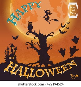 Happy Halloween. Witch, ghost, bat, moon, and other items on Halloween theme. Vector illustration.