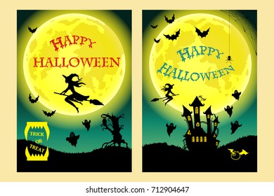 Happy Halloween. Witch, ghost, bat, moon and other items on Halloween theme