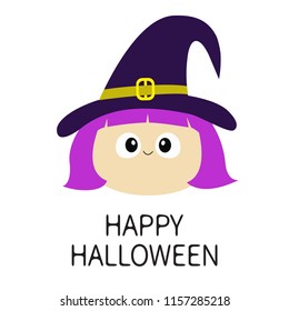Happy Halloween. Witch girl face wearing curl hat. Cartoon funny spooky baby magic character. Cute head. Greeting card. Flat design. White background. Isolated. Vector illustration