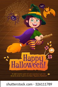 Happy Halloween Witch Girl Flying on Broom. Greeting Card with Cute Bat and Silly Spider.