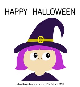 Happy Halloween. Witch girl wearing curl hat. Cartoon funny spooky baby magic character. Cute head face. Greeting card. Flat design. White background. Isolated. Vector illustration