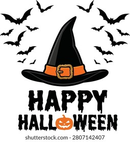 Happy Halloween Witch Hat with Bats Black and Orange Vector Graphic