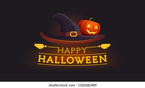 Happy Halloween witch hat with carved face pumpkin lantern on it. Text composition holiday greeting card template. Flat style isolated vector illustration on dark background