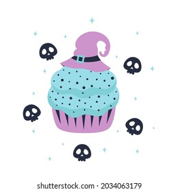 happy halloween with witch hat cupcake vector on white background for banner, poster design with cute cupcake, skulls and stars, vector illustration