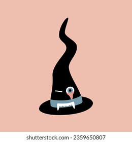 Happy Halloween. Witch hat with eyes. Template for postcard, banner, poster, textile. Vector illustration in modern flat style.