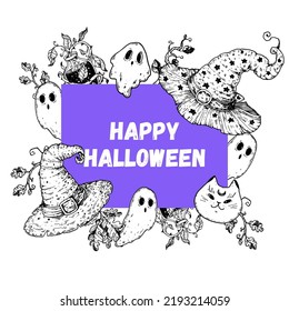 Happy halloween. Witch hat, ghost, magic black cat, potion, autumn leaves illustration. Greeting card. Halloween label. Hand drawn vector illustration. Design template. Sketch style.