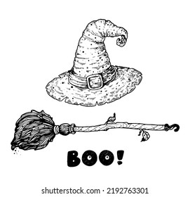 Happy Halloween. Witch hat and magic broom sketch. Hand drawn vector illustration. Design element. Vintage design for the holiday Halloween.