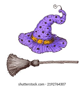 Happy Halloween. Witch hat and magic broom. Hand drawn vector illustration. Design element. Vintage design for the holiday Halloween.