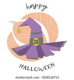 Happy Halloween. Witch hat on the background of an abstract pumpkin. Halloween elements. Lettering. Hand drowing . For card, invitation, poster.