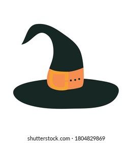 happy halloween, witch hat with orange strap trick or treat party celebration flat icon design vector illustration