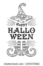 Happy halloween. Witch hat, striped stockings, buckled shoes. Retro lettering with bones. Vintage illustration in engraving style. For posters, postcards, banners, printing on fabric.