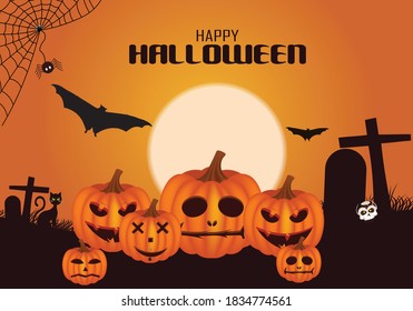 Happy Halloween. Witch house, pumpkin, tree and moon with happy face on green dark night background. Vector Illustration. EPS10