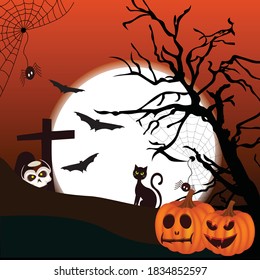 Happy Halloween. Witch house, pumpkin, tree and moon with happy face on green dark night background. Vector Illustration. EPS10