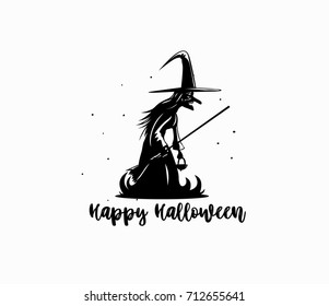 Happy halloween witch icon, white background, vector illustration