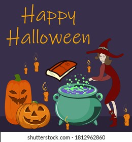 Happy Halloween Witch making a potion square design Creepy pumpkins dark illustration