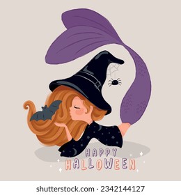 Happy Halloween, witch mermaid illustration, vector graphic for kids artworks, wallpapers, t shirt prints, greeting cards.