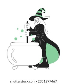 Happy halloween witch monochrome concept vector spot illustration. Wicked witch cauldron 2D flat bw cartoon character for web UI design. Brewing magic potion isolated editable hand drawn hero image