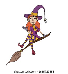 Happy Halloween witch on a broom in a hat and a spider. Colorful silhouette. Children's flat vector design on a white isolated background