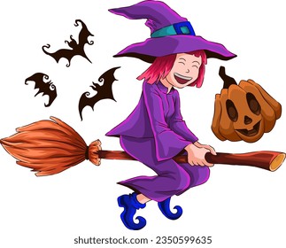 Happy Halloween Witch on Broomstick Vector Illustration. Vector Illustration Cute Little Witch Flying on a Broomstick. Cartoon Vector Little Witch Wearing a Hat Flying on a Broomstick.