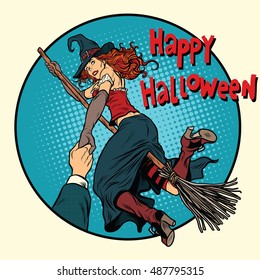 Happy Halloween witch on a broomstick follow me, pop art retro vector illustration. Woman in holiday costume