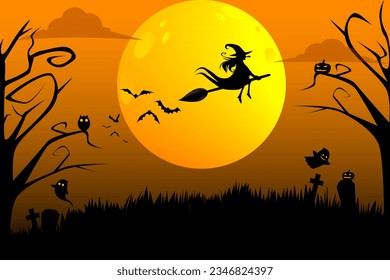 Happy Halloween with the witch on the orange sky and yellow Moon. Halloween symbols are an owl, pumpkin, full moon, ghost, and flying bat.