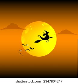 Happy Halloween with the witch on the orange sky and yellow Moon.