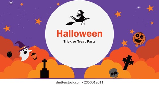 Happy Halloween with the witch on the sky and white Moon. Halloween symbols are an owl, pumpkin balloon, full moon, ghost, and flying bat. banner for invitation.