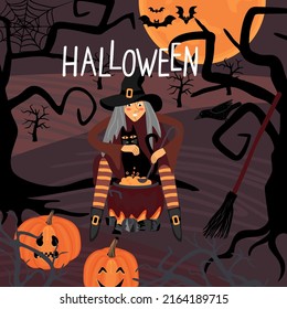 Happy Halloween! Witch preparing potion, cat, bats, trees , pumpkins and big moon.Vector hand drawn illustration for design card,background,print on fabric and paper.Trick or treat event decoration.