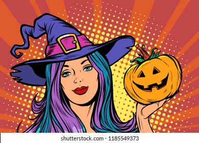 happy Halloween witch with pumpkin. Pop art retro vector illustration vintage kitsch