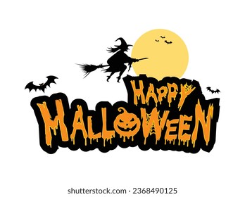 Happy Halloween Witch Riding Broom Vector