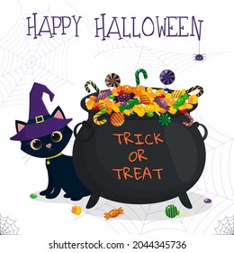 Happy Halloween. Witch s cauldron with different sweets. A black cat in a witch s hat. Vector illustration.