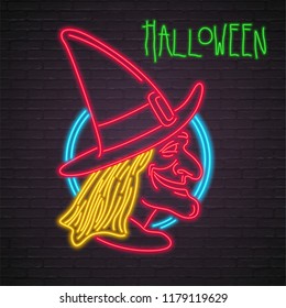 Happy Halloween. Halloween Witch Silhouette Neon Light Glowing Vector Illustration with Dark Background