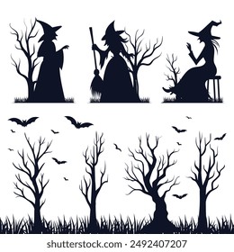 Happy Halloween Witch Silhouette with trees and grass Vector Illustration Set