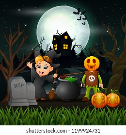 Happy halloween witch and vampire in the night