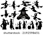 Happy Halloween Witch Vector Silhouette Illustration Set Isolated On A White Background.