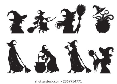 Happy Halloween Witch Vector Silhouette Illustration Set Isolated On A White Background.