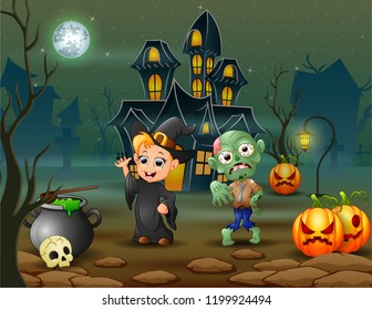 Happy halloween witch and zombie in front of the house