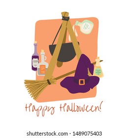 Happy Halloween! Witchcraft cartoon hand drawn postcard or greeting card for holiday, banner or flyer for party. Stock vector